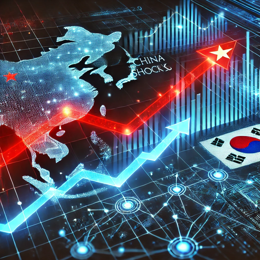 **&quot;차이나 쇼크 2.0: 한국 경제에 미치는 영향과 대응 전략&quot;**을 시각적으로 표현한 대표 이미지.
이미지에는 붉은 상승 그래프가 중국의 경제 성장과 시장 점유율 증가를 상징하며, 파란 하락 그래프가 한국 경제의 어려움을 나타냅니다.
배경에는 동아시아 지도와 디지털 네트워크 연결선이 있어 글로벌 무역과 경제 변화의 흐름을 강조합니다.