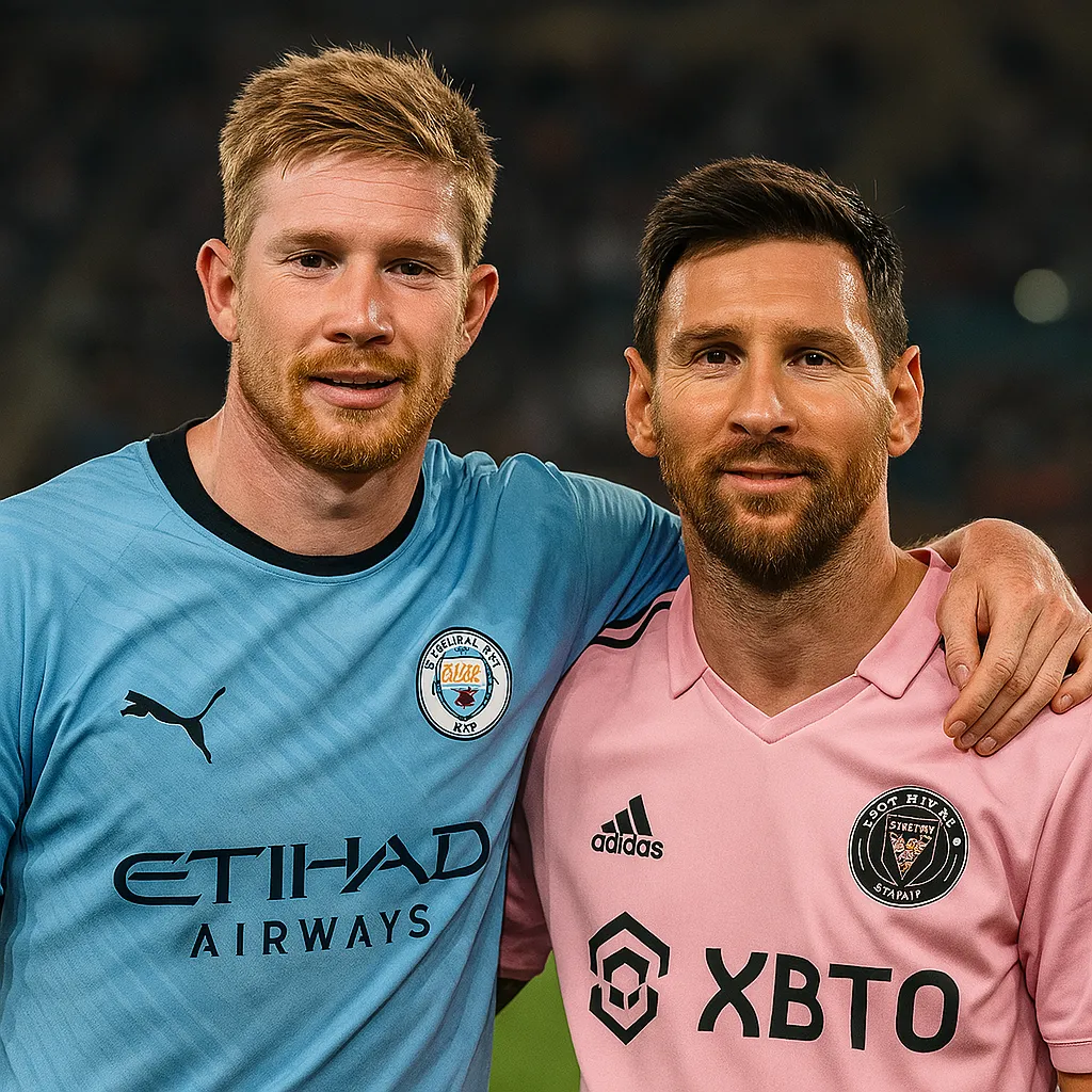 맨시티 유니폼의 더 브라위너와 인터 마이애미 메시가 어깨동무한 모습