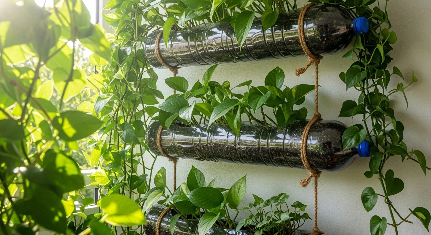 좁은 베란다도 OK! 벽 뚫지 않고 페트병으로 '수직 정원(행잉 화분)' 만들기 (공기정화 식물 추천)