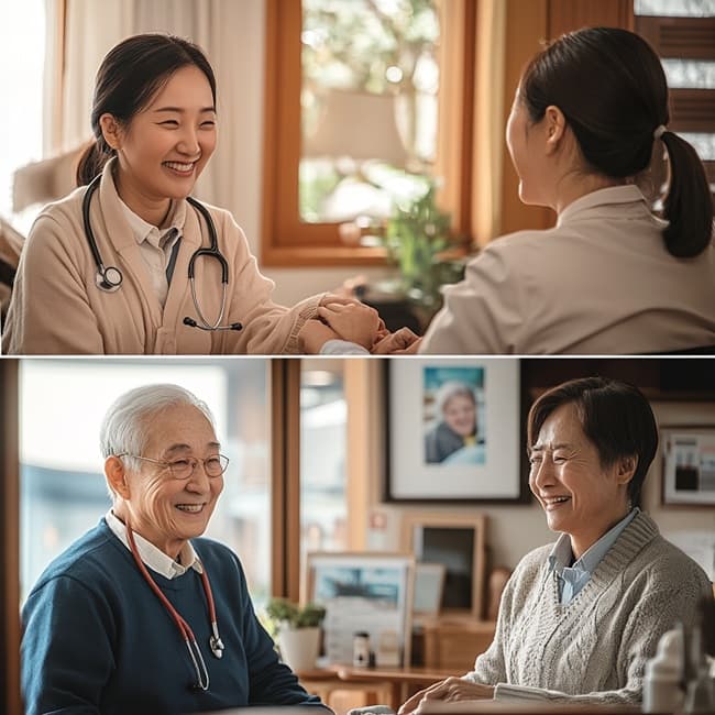 한국 노인이 가정에서 혈압 측정을 받는 모습