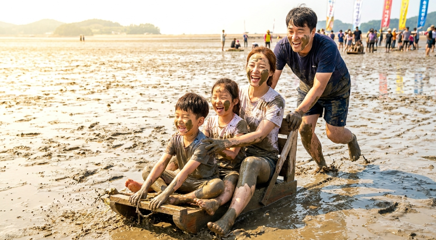 고창갯벌축제 현장에서 갯벌 썰매를 타며 환하게 웃고 있는 가족
