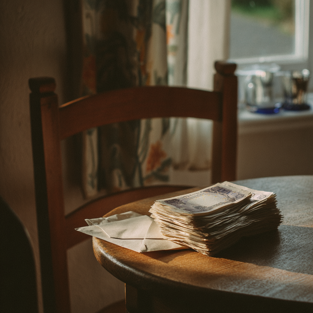 자연광이 들어오는 실내에서 테이블 위에 놓인 돈 봉투를 통해 재정 관리와 책임을 표현한 장면
