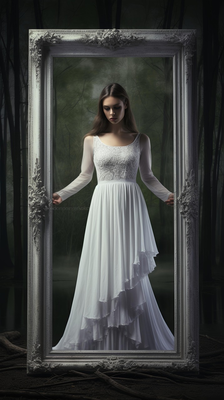 하얀색 드레스를 입고 공허한 표정을 짓고 있는 여인