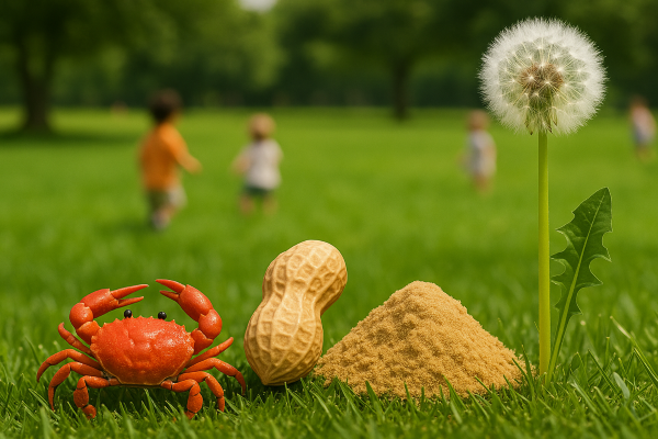 정원에서 멀리 노는 아이들 배경에 계란, 꽃가루, 집먼지진드기 등 알레르기 유발 물질이 강조된 이미지