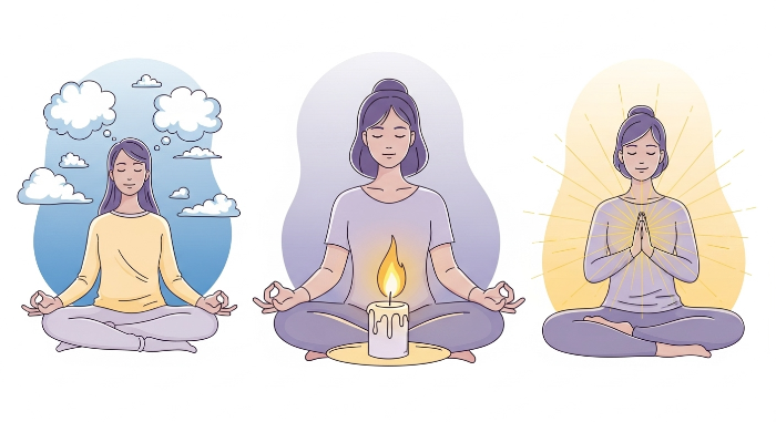 마음챙김, 집중, 자애 명상 등 다양한 명상 기법을 시각적으로 표현한 일러스트레이션. 각 명상 유형의 핵심적인 요소를 담고 있습니다.