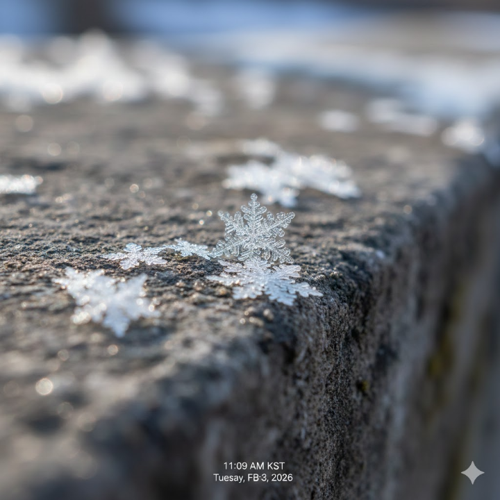 차가운 겨울 햇살이 비치는 고요한 돌담 위 눈송이 사진