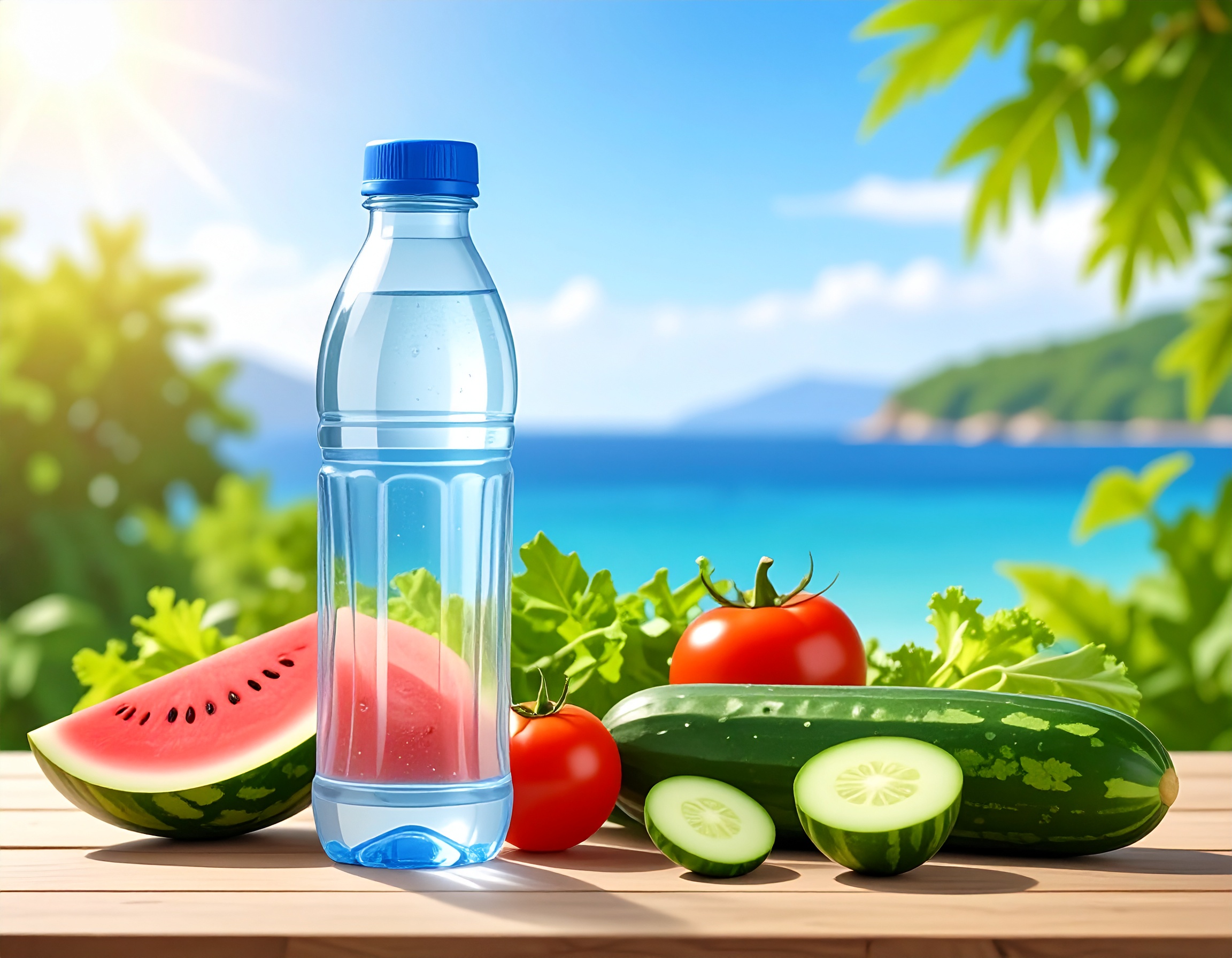 여름철 수분 보충 음식: 수박, 오이, 토마토와 생수