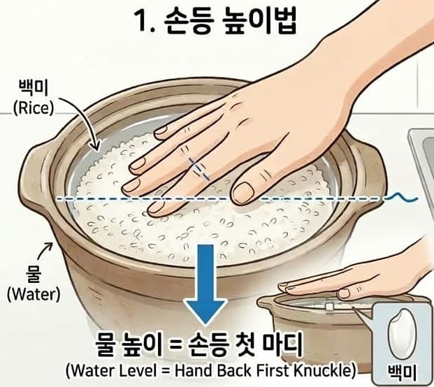 밥 물 맞추는 손등 높이법 설명