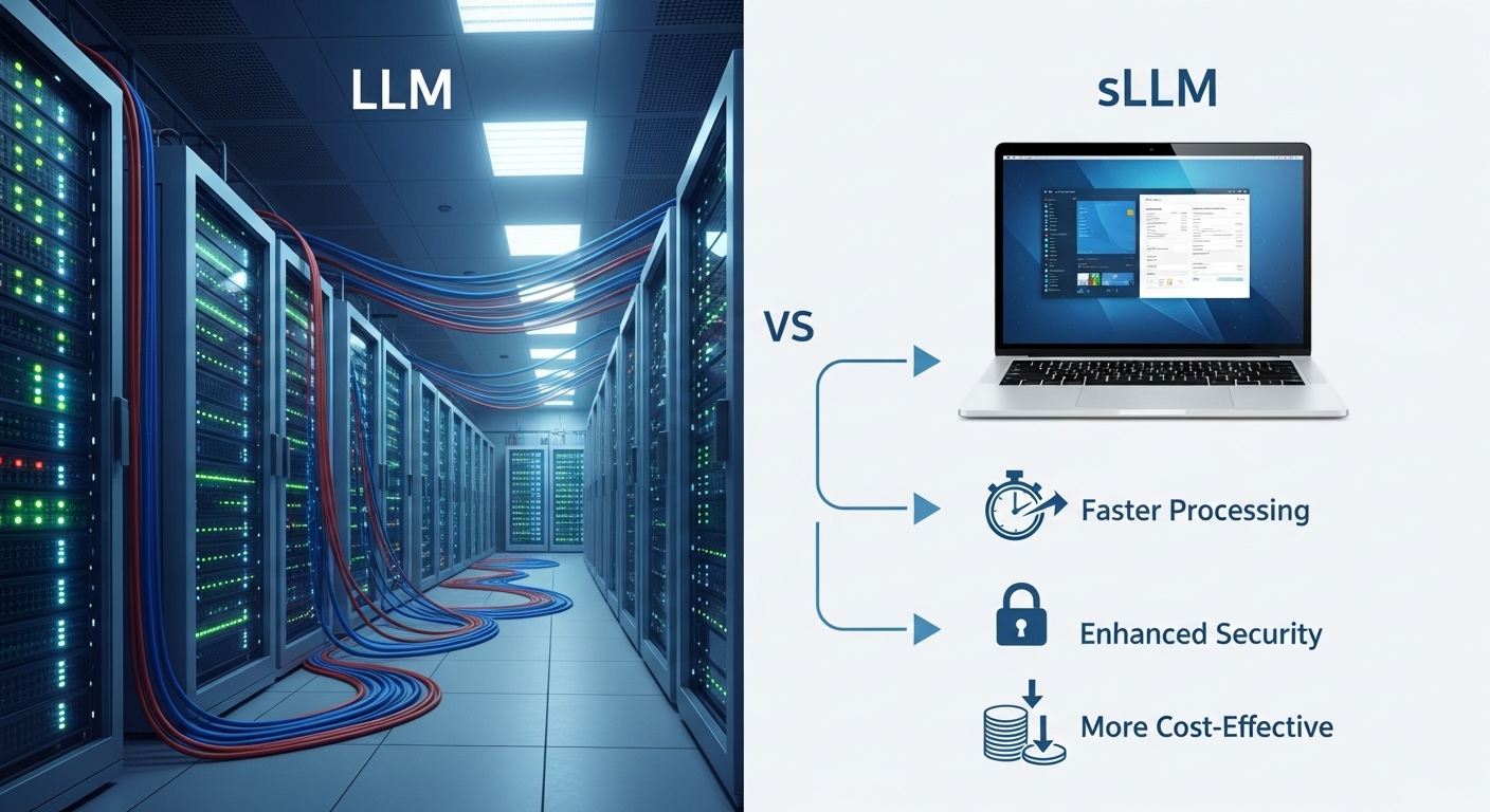 거대한 서버실을 필요로 하는 기존 LLM과 달리, 보안 자물쇠가 채워진 노트북 하나로 작동하는 sLLM의 효율성을 비교한 인포그래픽