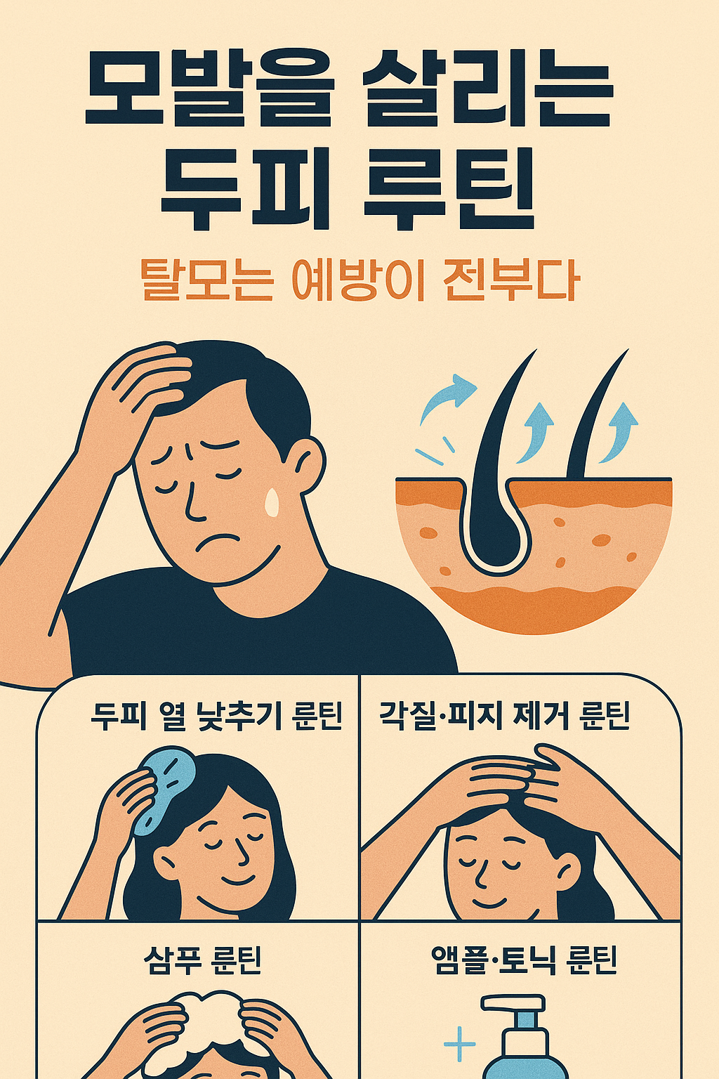 탈모 예방을 위한 두피 루틴의 필요성과 핵심 습관을 소개하는 한국어 인포그래픽 이미지로, 두피 열 관리, 샴푸 루틴, 마사지 루틴 등이 포함된 플랫 스타일 일러스트