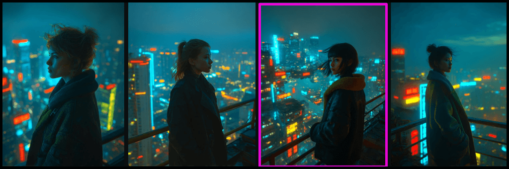 floating city, neon-lit, woman 세계관 실험 생성 이미지_Midjourney