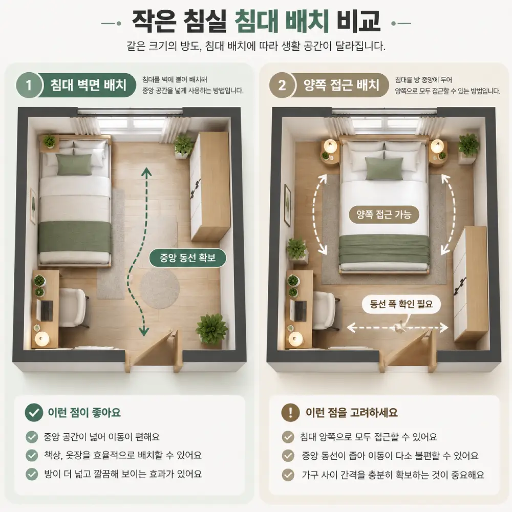 작은 침실에서 침대를 벽면에 붙여 배치한 경우와 양쪽에서 접근 가능하게 배치한 경우를 비교한 평면도 이미지