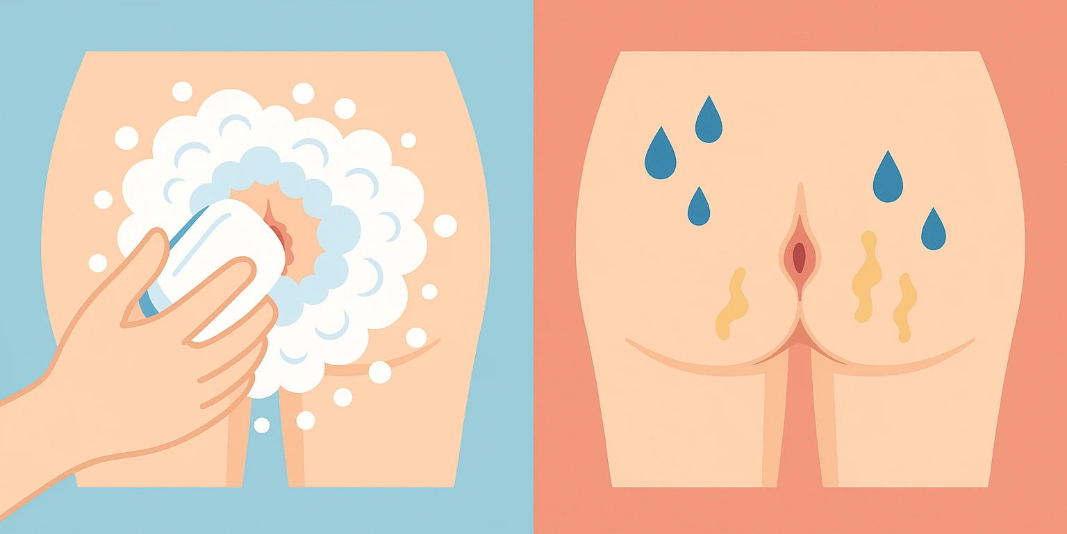 항문 세정, 과도하게 비누로 씻는 장면 vs 위생을 소홀히 하여 땀과 분비물이 남아 있는 장면