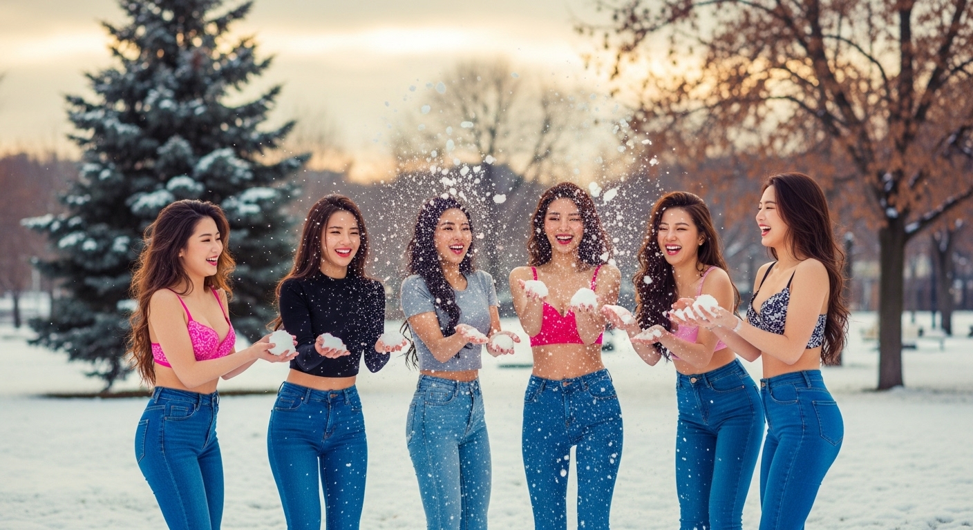 눈놀이를하는 여자들