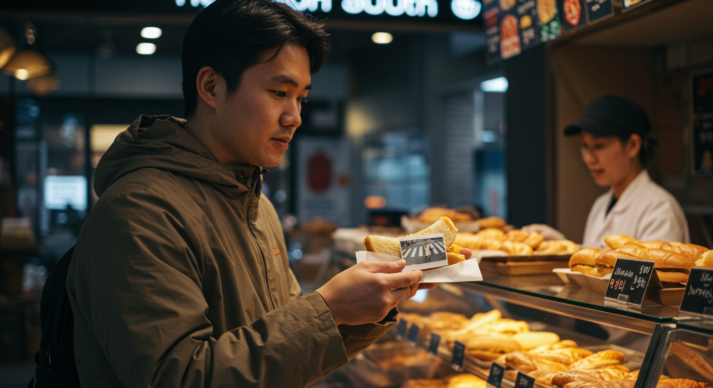 빵집에서 샌드위치를 사는 남성