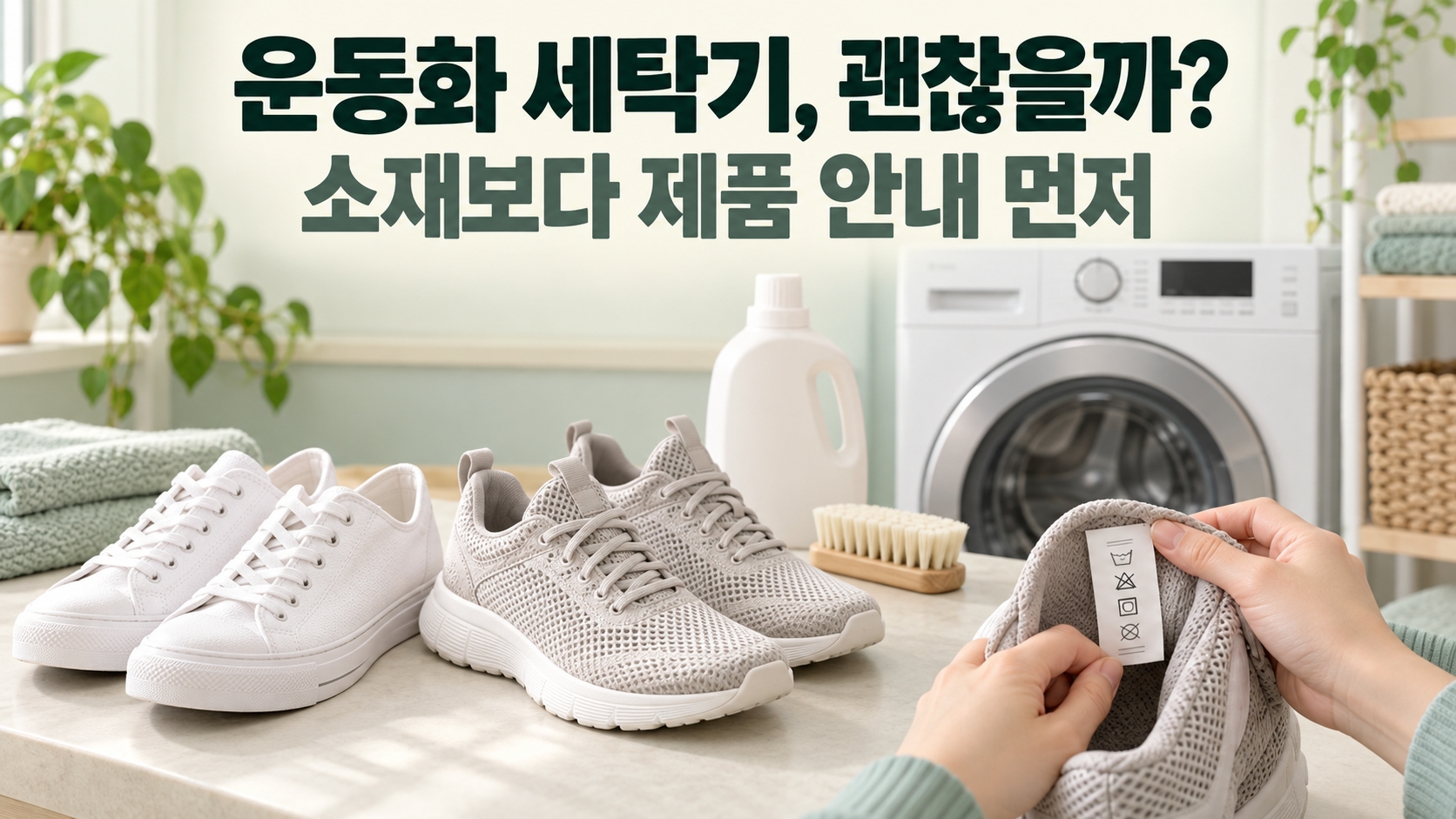 세탁 표시를 확인하는 운동화와 세탁기, 청소 도구
