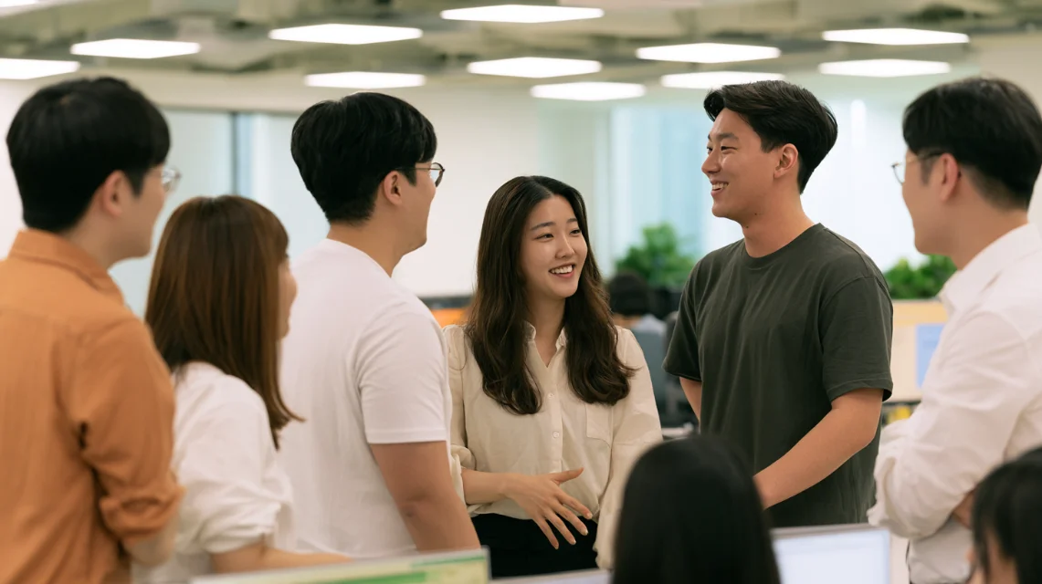 출근 첫날 팀원들에게 소개받는 신입 사원