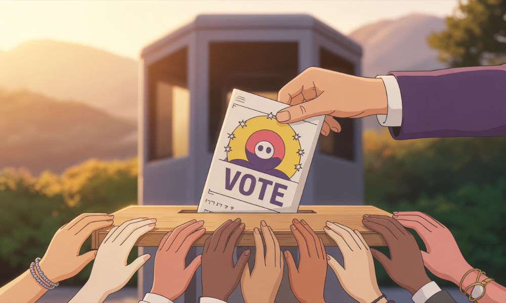 2025년 대선 맞이, MZ세대의 개성을 담은 투표 인증용지 인증샷. 빨간 도장이 찍힌 용지를 들고 있는 다양한 손들이 투표 참여의 즐거움을 표현합니다.