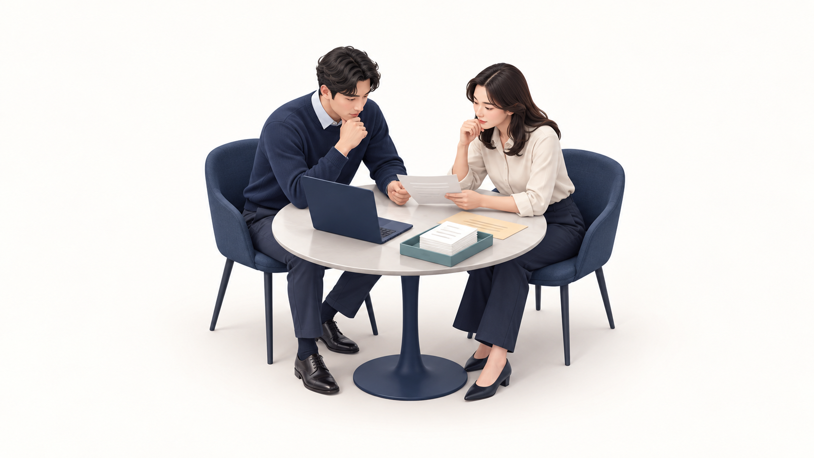 두 담당자가 회의 테이블에서 AI 업무에 사용할 문서 범위를 함께 검토
