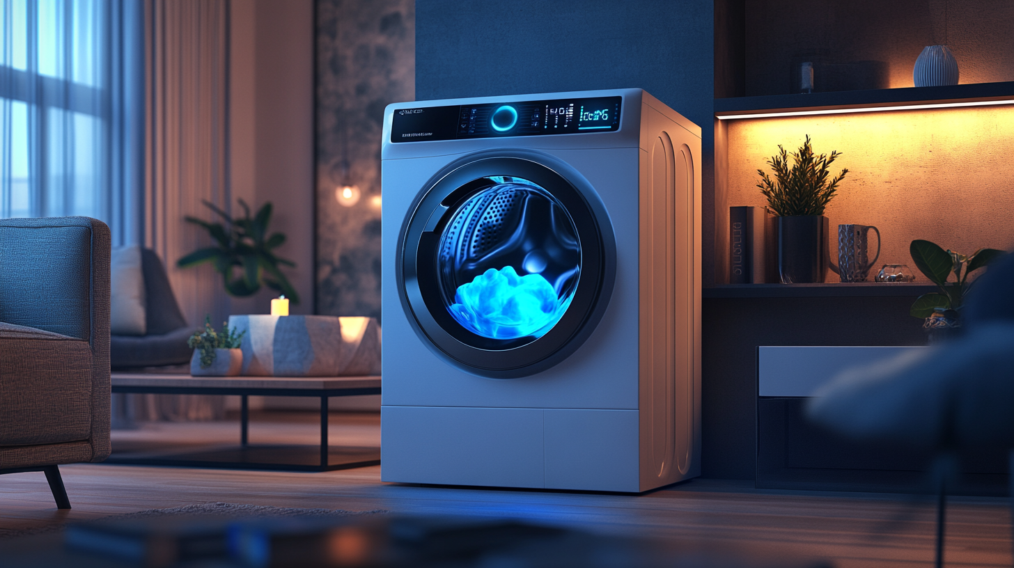 공기 정화 기능이 통합된 혁신적인 세탁기가 현대적인 집안에서 조화롭게 배치된 모습.