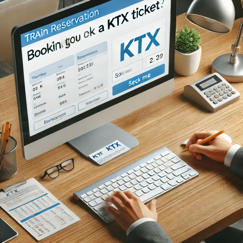 데스크톱 컴퓨터를 이용해 KTX 티켓을 예약하는 사용자의 사실적인 장면. 열차 예약 과정을 강조한 전문적인 환경.