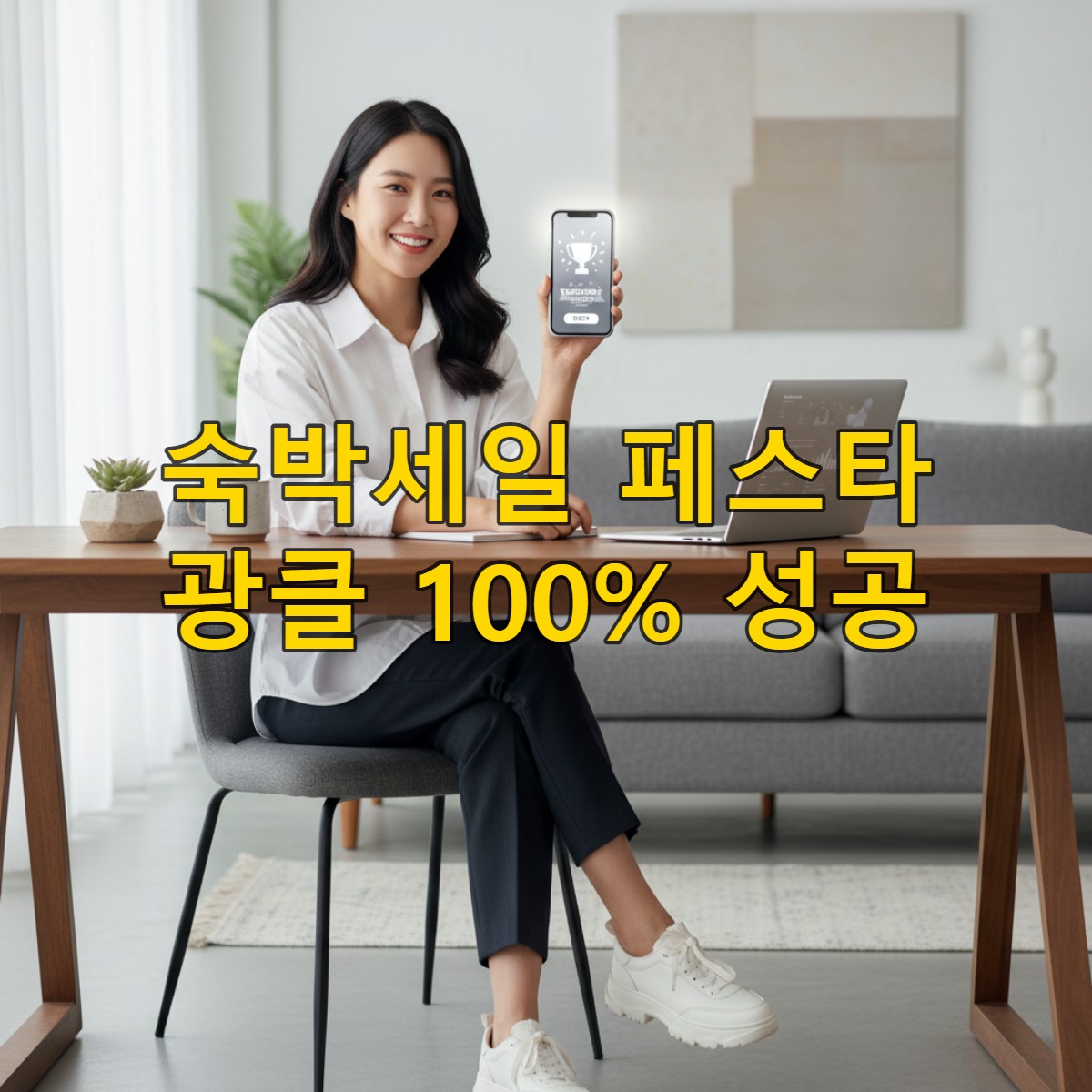 2026 숙박세일 페스타 쿠폰 발급에 성공하여 만족스럽게 미소 짓는 한국인.