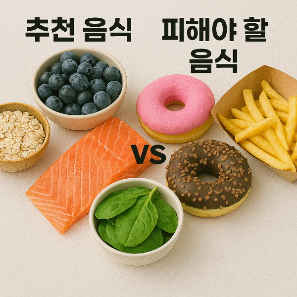 혈관에 좋은 음식과 피해야 할 음식을 비교한 이미지