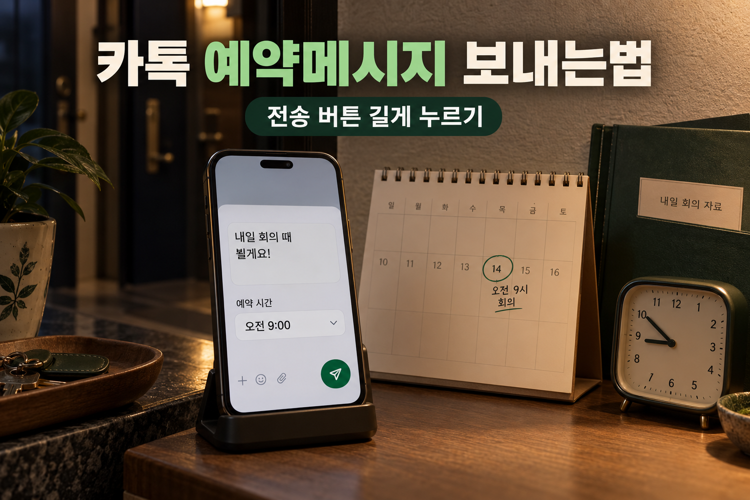 카톡 예약메시지의 발송 시간을 미리 지정하는 스마트폰과 달력 예시