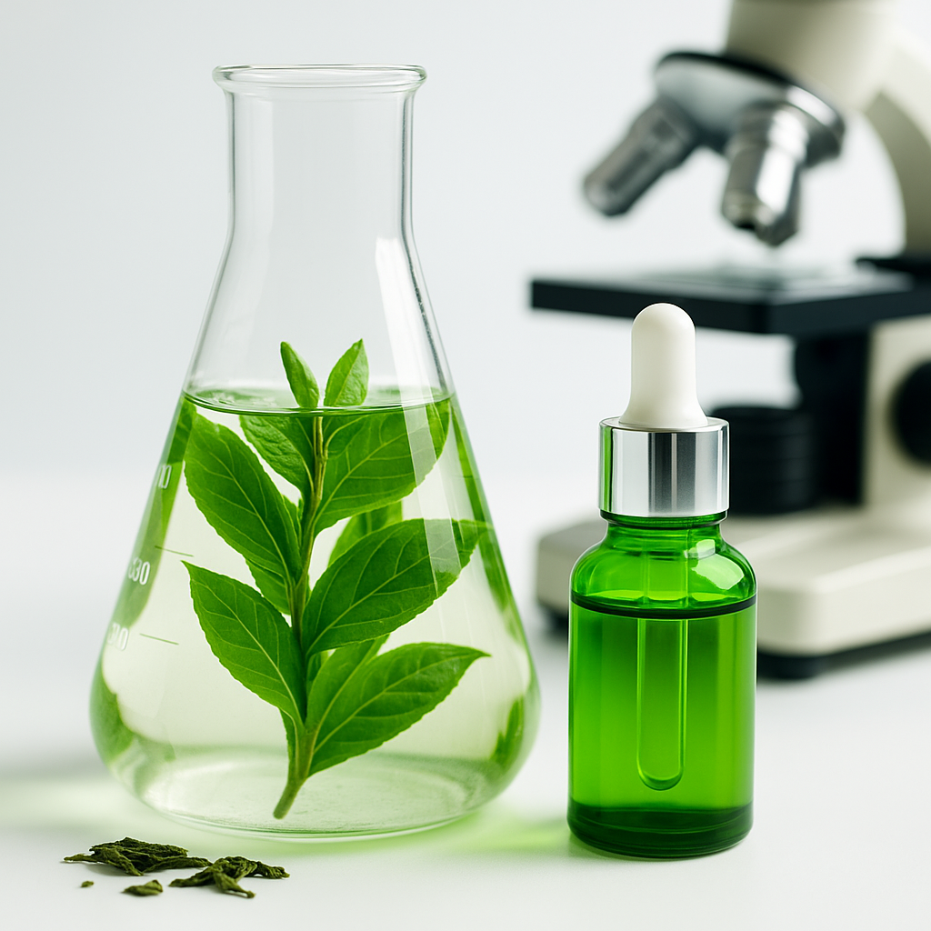 녹차 잎이 담긴 유리 플라스크와 옆에 놓인 스킨케어 앰플, 실험실 배경