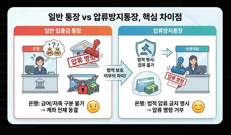 일반통장 vs 압류방지통장 차이 보호 금액 및 개설 조건 비교표 (2026년)