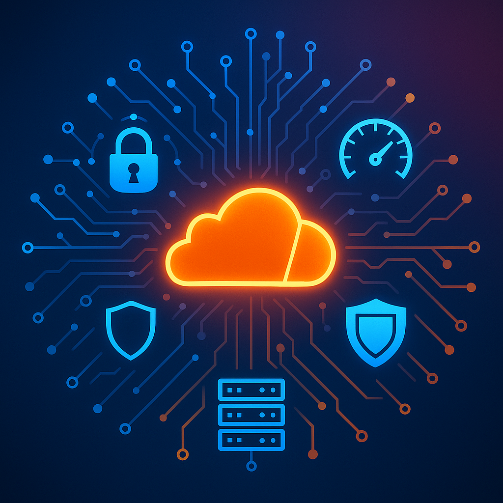 Cloudflare CDN and security platform illustration showing global network protection, SSL encryption, DDoS defense, and performance optimization features