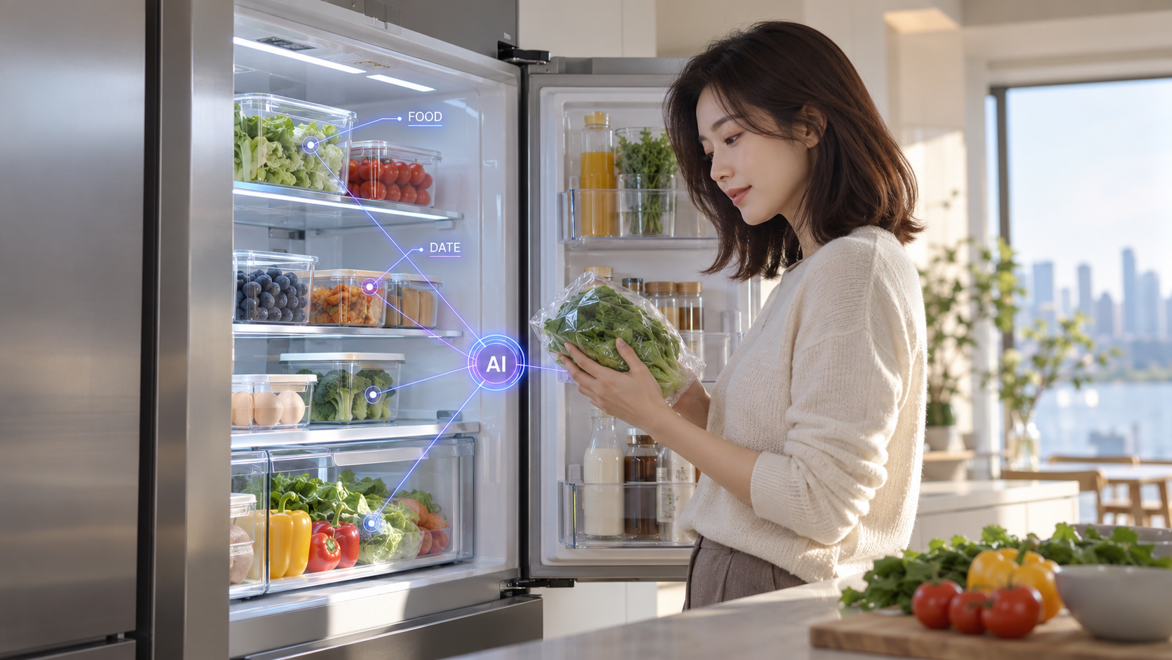 현대적인 한국 가정 주방에서 여성이 냉장고 속 식재료를 살피고, FOOD·DATE·AI 표시가 식품 관리 기능을 상징하는 장면