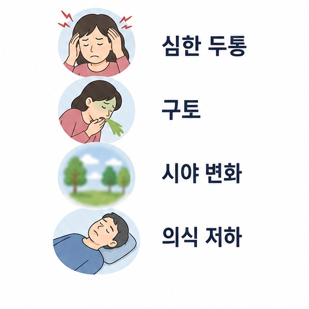 갑작스러운 심한 두통과 구토, 시야 변화, 의식 저하를 주요 응급 증상으로 정리한 그림