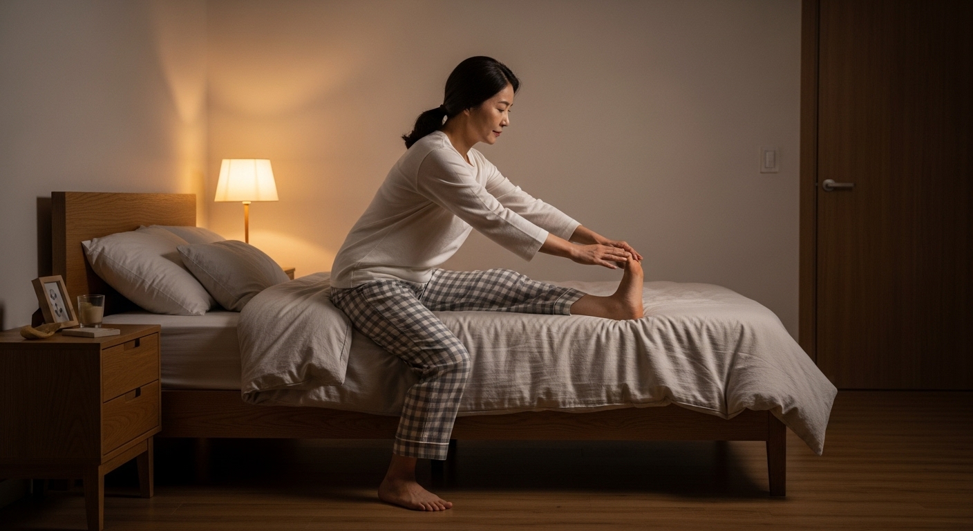 잠들기 전 종아리 스트레칭 하는 50대 한국인 여성