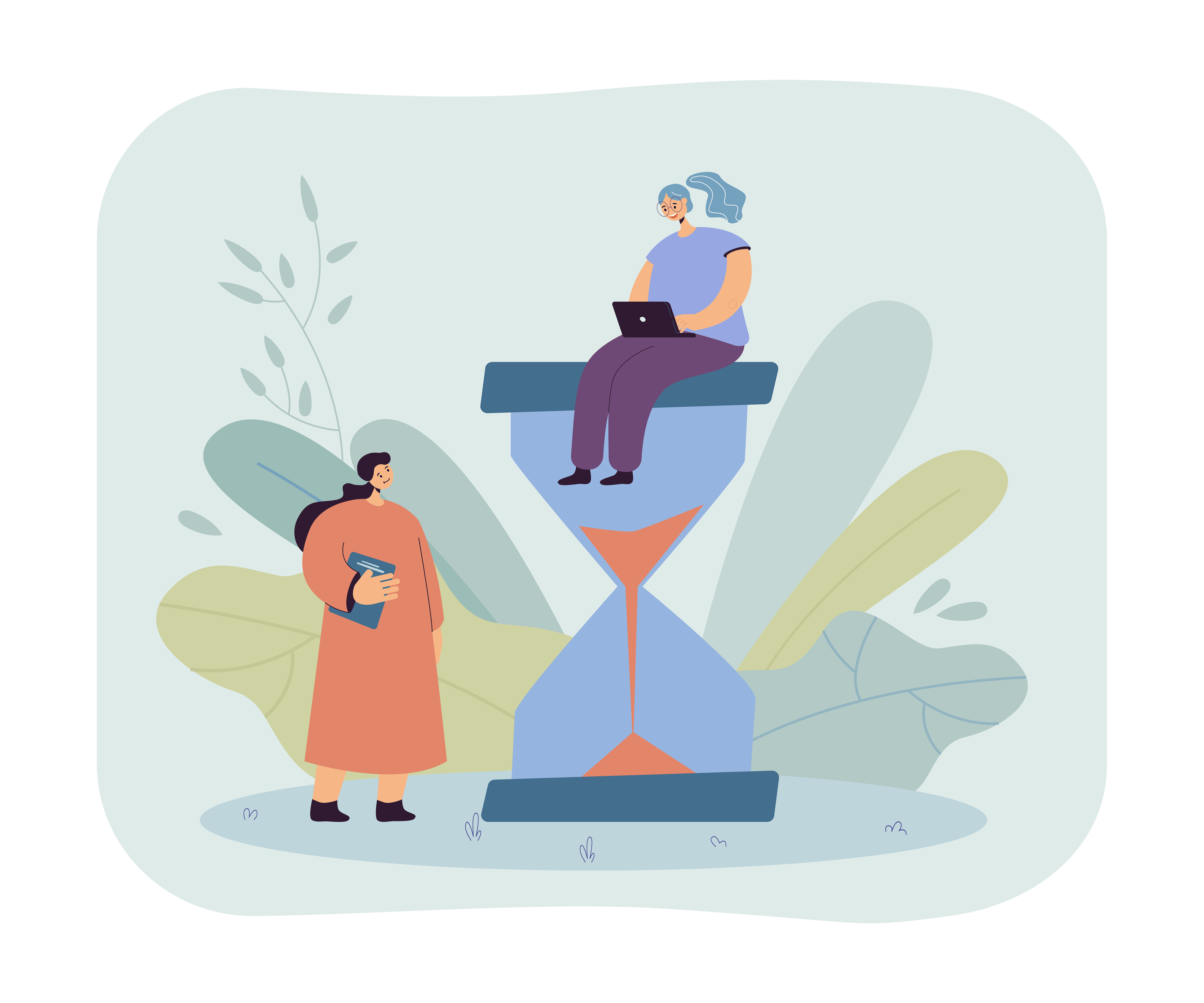 시간의 가치를 표현하는 일러스트레이션입니다. 중앙에 큰 모래시계가 있고, 그 위에는 노트북을 사용하는 나이 든 여성이 앉아 있습니다. 모래시계 옆에는 책을 들고 있는 젊은 여성이 서 있습니다. 배경은 연한 민트색이며 식물 모티프로 장식되어 있습니다. 이 이미지는 다양한 세대가 시간을 어떻게 활용하는지, 그리고 디지털 기술과 전통적인 학습 방법의 대비를 보여줍니다.