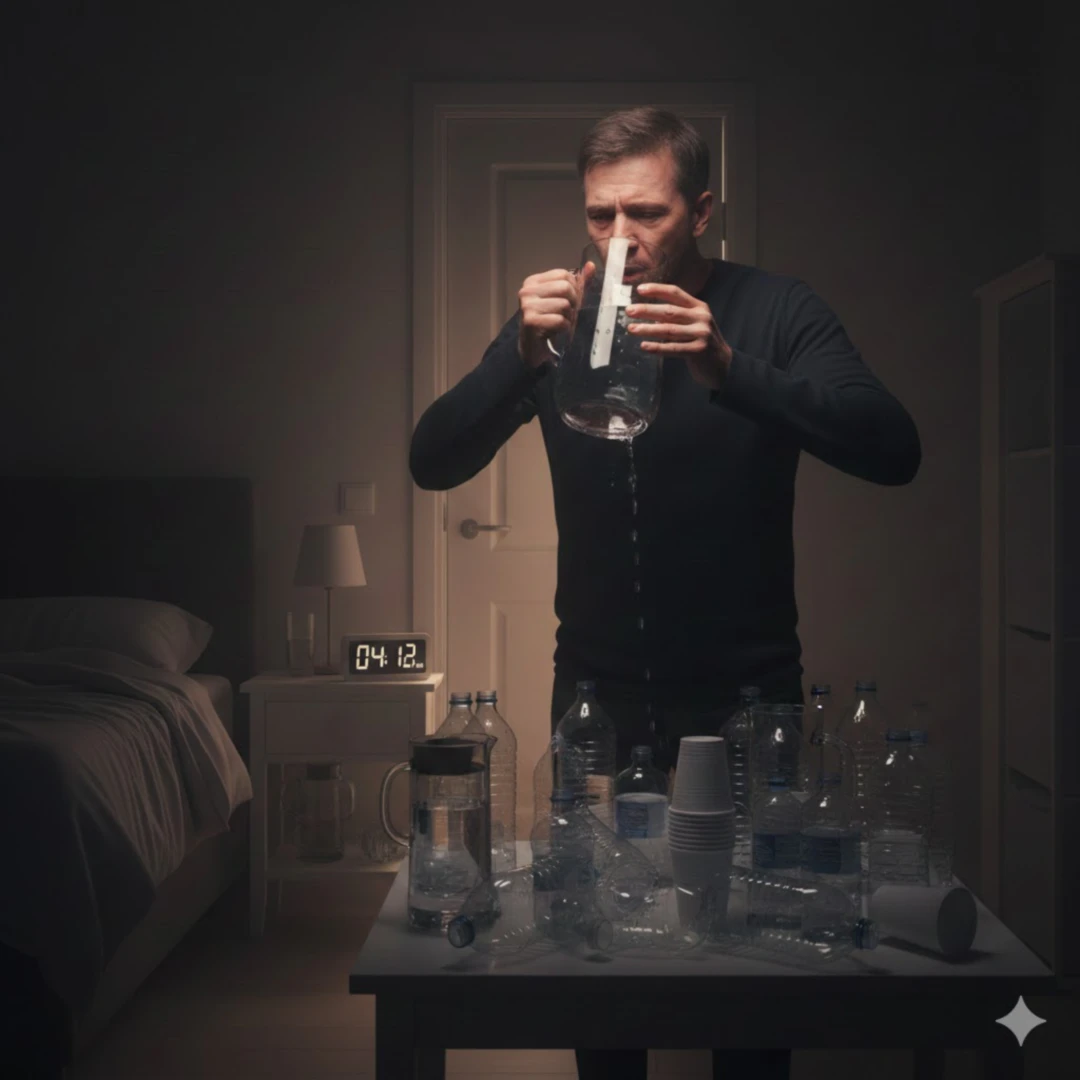 건조한 입술을 가진 사람이 큰 컵이나 물통에 있는 물을 연거푸 마시는 모습입니다. 주변에 비어있는 물병들이 여러 개 놓여 있어 아무리 마셔도 해소되지 않는 극심한 갈증을 강조합니다.