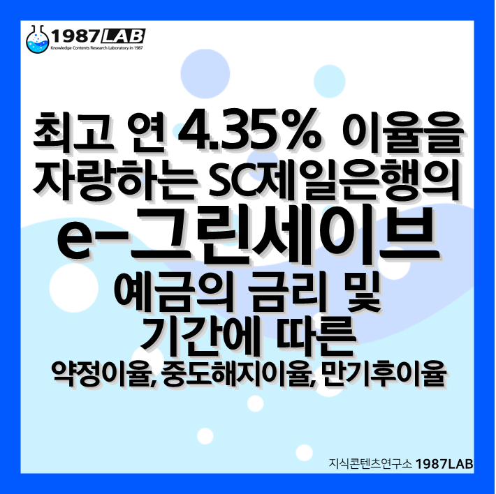 최고 연 4.35% 이율을 자랑하는 SC제일은행의 e-그린세이브예금의 금리 및 기간에 따른 약정이율, 중도해지이율, 만기후이율