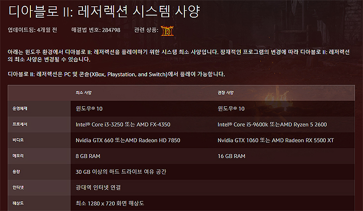 디아블로2-레저렉션-사양-정보