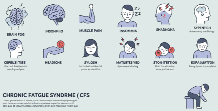 만성피로증후군의 다양한 증상을 보여주는 인포그래픽