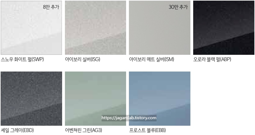 2026 EV3 스노우 화이트 펄(SWP), 아이보리 실버(ISG), 아이보리 매트 실버(ISM), 오로라 블랙 펄(ABP), 셰일 그레이(EBD), 어벤쳐린 그린(AG3), 프로스트 블루(EBB) 외장 컬러