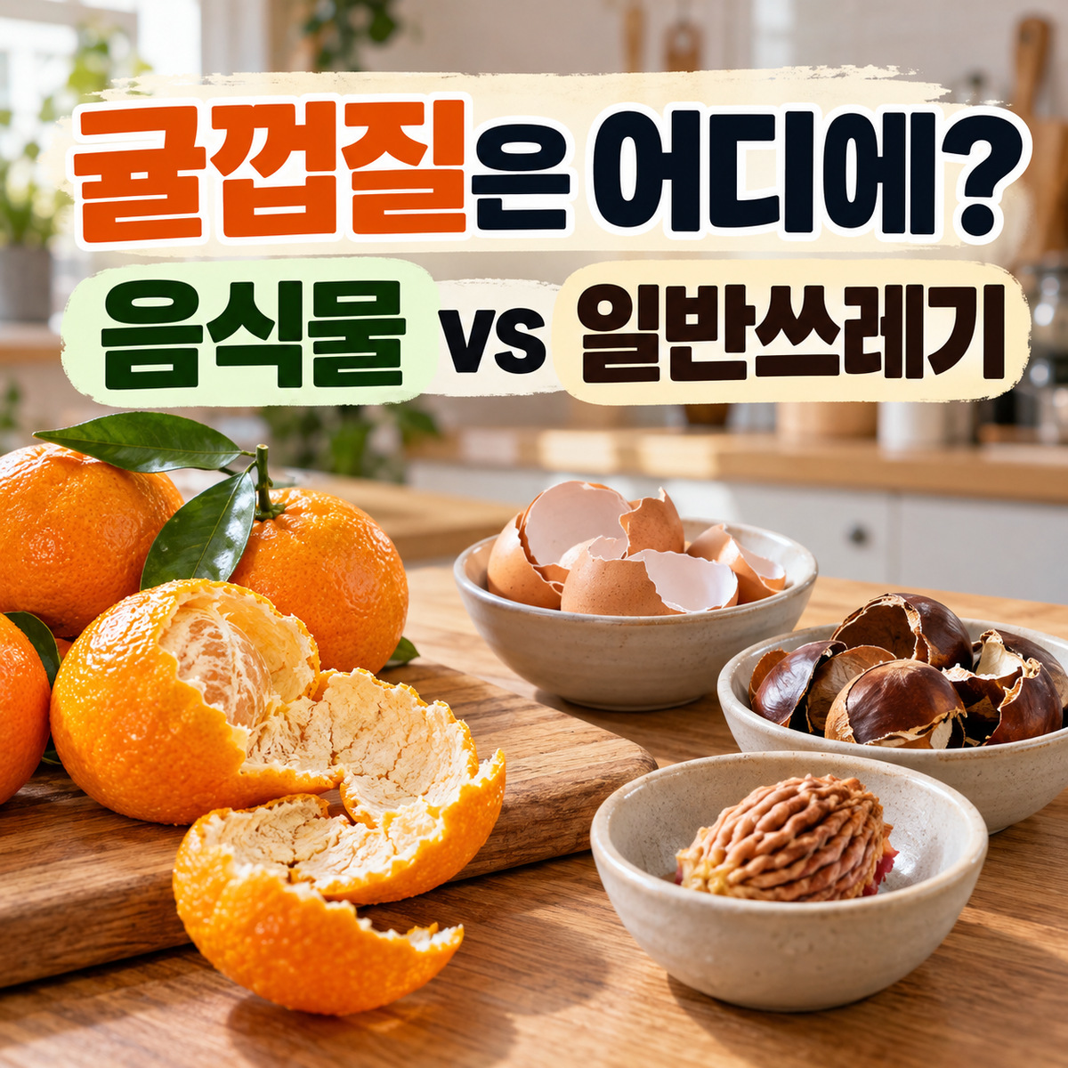 귤껍질과 달걀껍질, 밤껍질, 과일 씨앗을 식탁 위에 놓고 음식물과 일반쓰레기 분류를 묻는 대표 이미지
