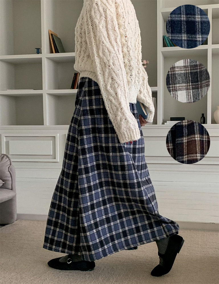 겨울 기모 타탄 체크 롱 스커트 울 모직 밴딩 겨울치마