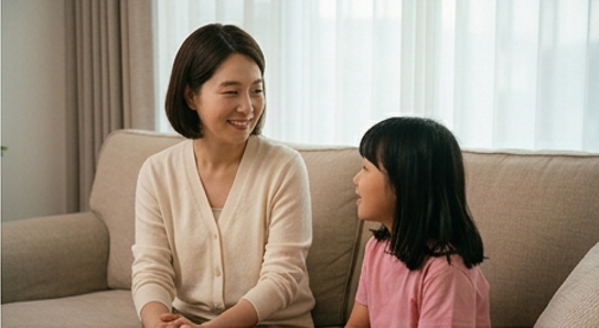 엄마가 아이 곁에 앉아 조용히 눈을 맞추며 대화하는 따뜻한 실내 장면