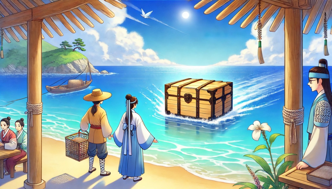 바닷가로 흘러온 퀘짝 어부와 그의 아내가 퀘짝을 보고 있습니다