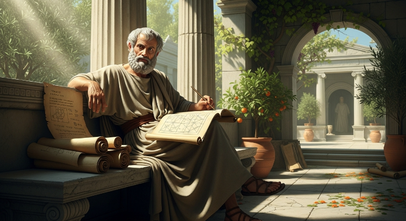 고대 그리스 철학자가 고요한 안뜰에서 습관과 미덕에 대해 깊이 생각하는 모습.