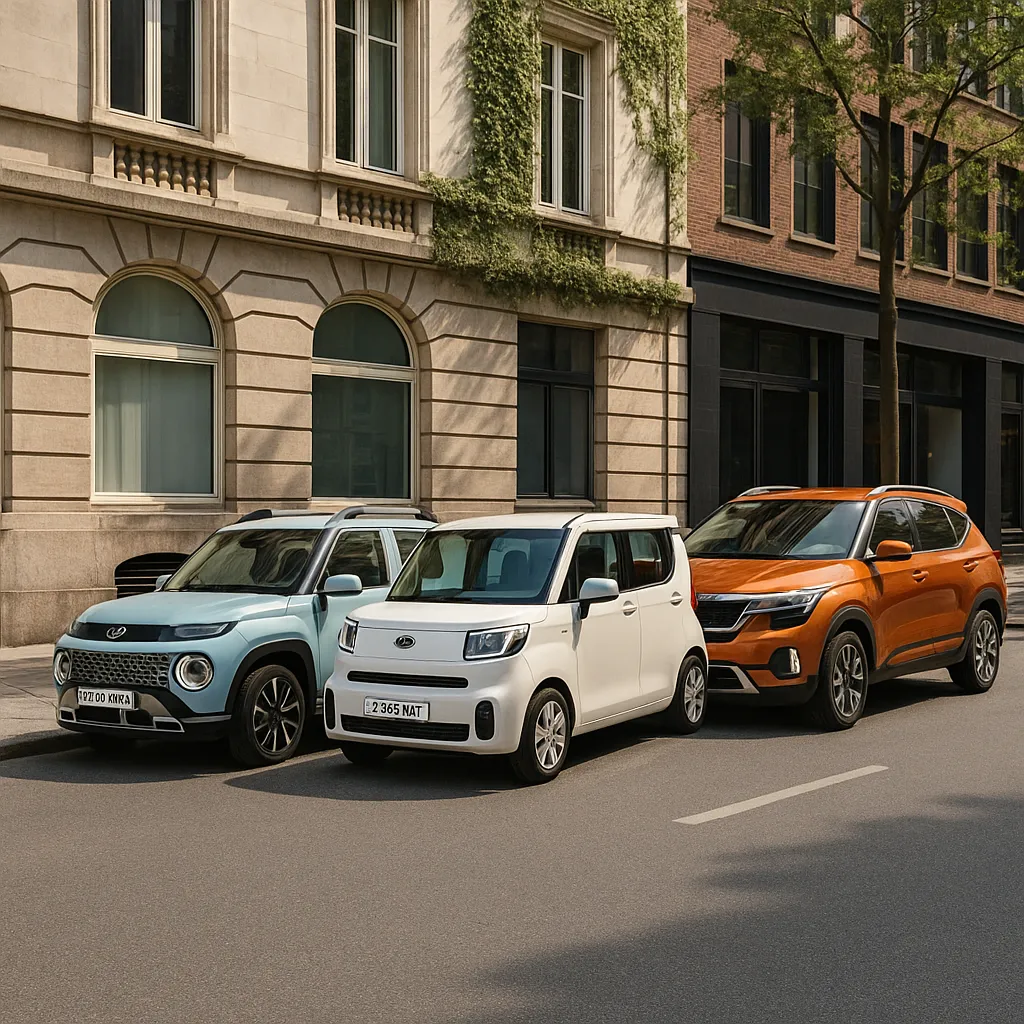 2025년형 캐스퍼, 레이, 셀토스가 도심 거리에 나란히 주차된 모습