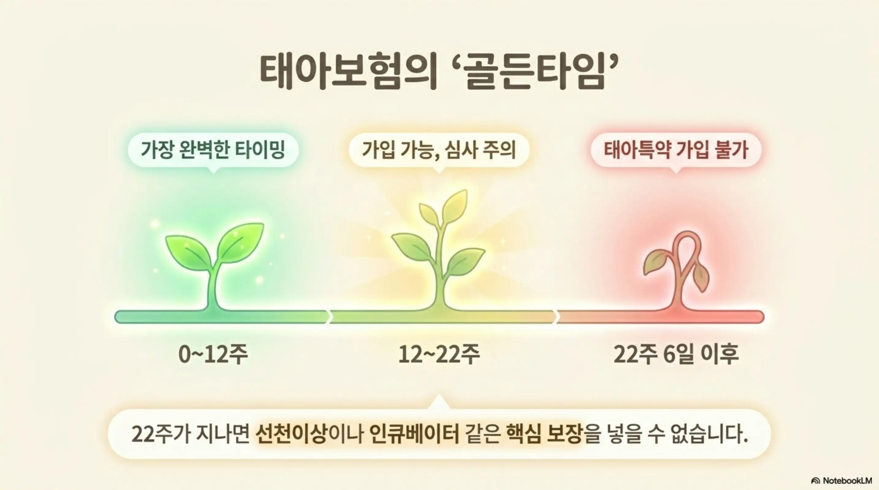 태아보험 어린이보험 가입시기: 임신 주수별 태아보험 가입 가능 범위를 보여주는 타임라인 인포그래픽. 임신 12주까지가 가장 완벽한 타이밍이고 22주 6일 이후에는 태아특약 가입이 불가하다는 골든타임 정보를 시각적으로 전달하며 태아보험 가입시기 전략과 관련된 내용을 설명함