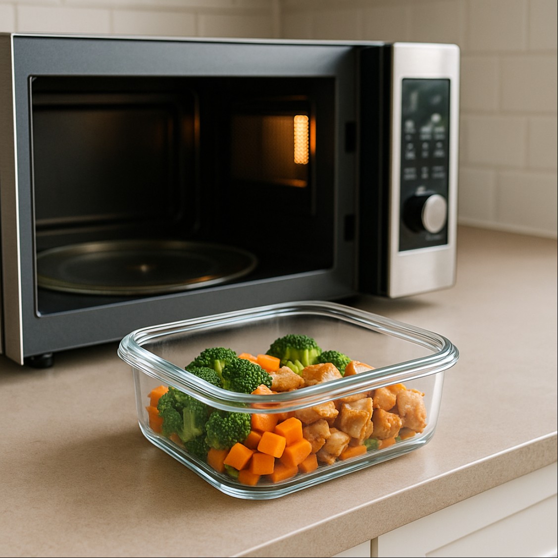반찬 데우기와 재가열 과정에서 전자레인지 앞에 놓인 유리 용기 반찬