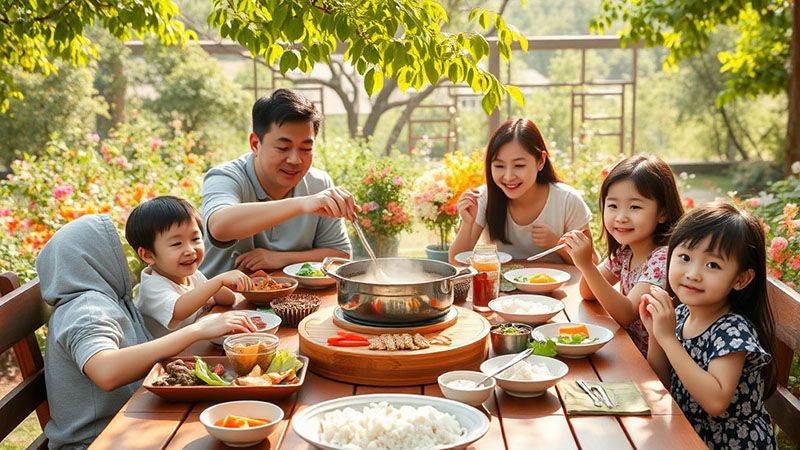 6명의 가족이 둘러 앉아 여름철 보양식 오리백숙을 먹는 이미지