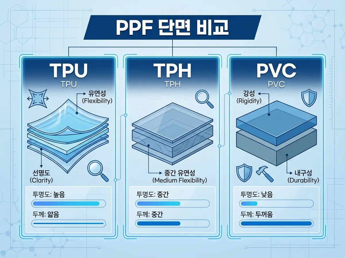 TPU, TPH, PVC 세 종류의 PPF 필름 단면 비교 이미지